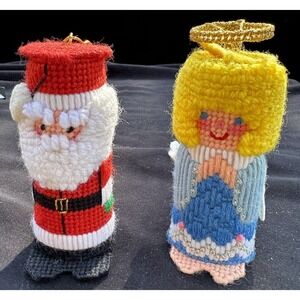 2 Vintage 1990s Plastic Canvas Needlepoint Yarn Ornaments Santa & Angel -S81